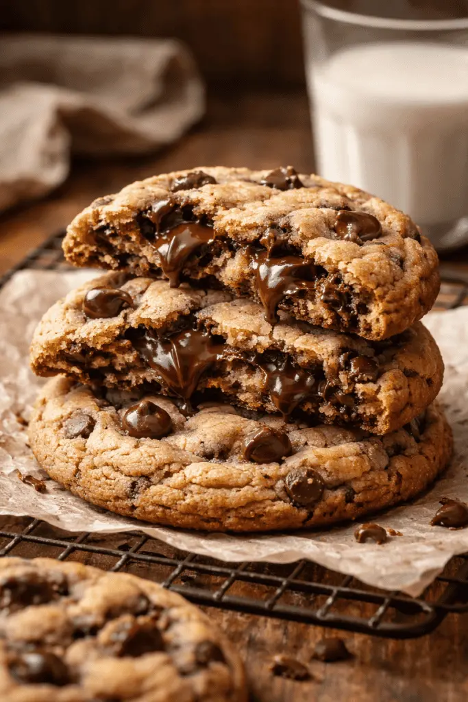 Freshly baked chocolate chip cookies with melted chocolate pools and sea salt