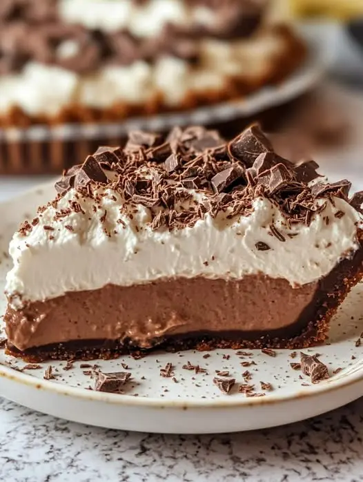 A whole chocolate mousse pie topped with whipped cream swirls and chocolate curls.