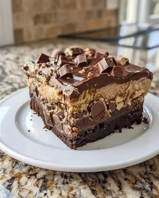 A whole chocolate peanut butter cake decorated with Reese's cups and chocolate shavings