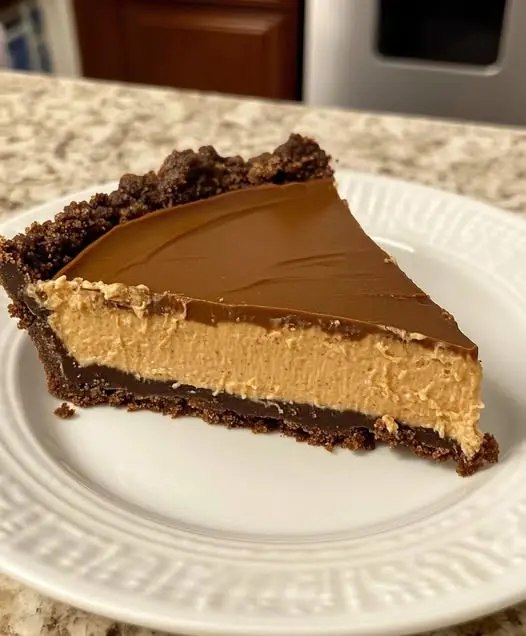 A beautiful slice of chocolate peanut butter pie on a plate showing the layers of crust, filling, and ganache.