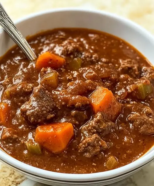 A bowl of hot beef stew garnished with parsley served with a side of crusty bread