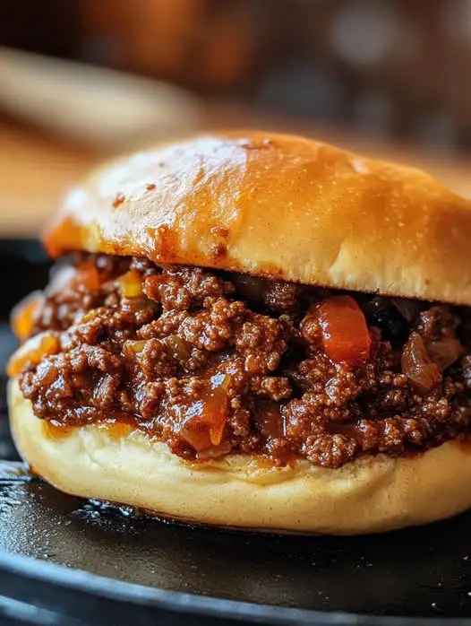 Two sloppy joe sandwiches served on a plate with a side of golden french fries