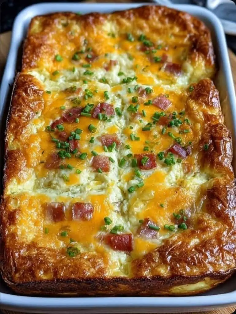 A close-up slice of breakfast casserole showing layers of hash browns, eggs, and sausage topped with melted cheese.