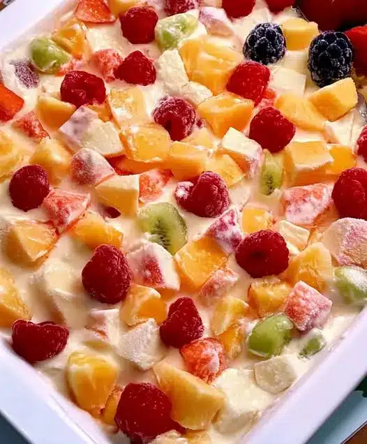 A close-up of a spoonful of creamy fruit salad showing the texture of the marshmallows and coconut.