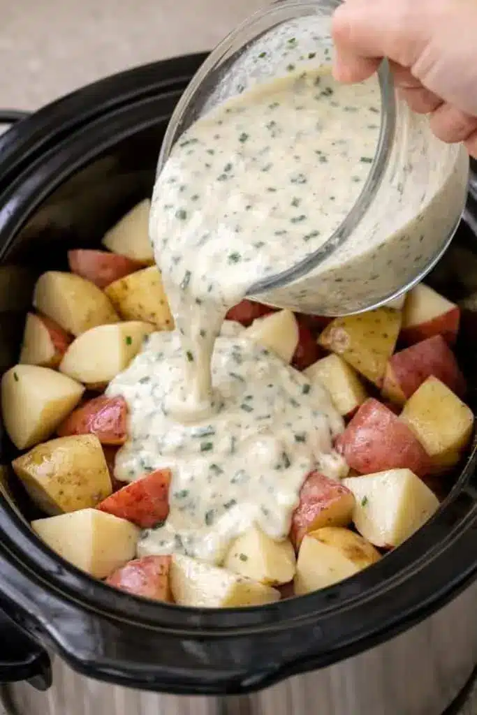 Serving of creamy ranch potatoes on a plate with a side of roasted chicken
