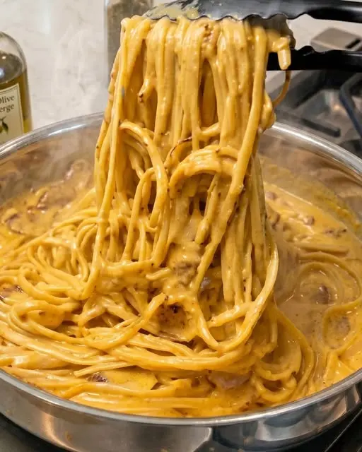 The finished creamy sausage pasta served in a bowl with a side of garlic bread