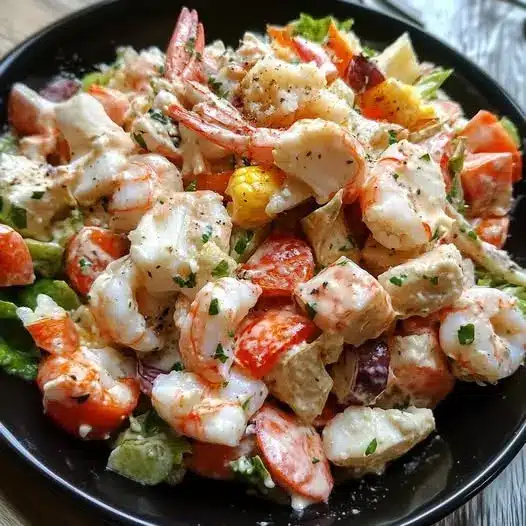 Creamy shrimp salad served on a bed of green lettuce with a side of crackers.