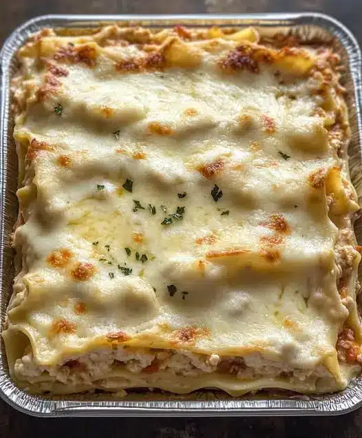 A whole creamy white lasagna in a ceramic baking dish, golden brown on top and bubbling.