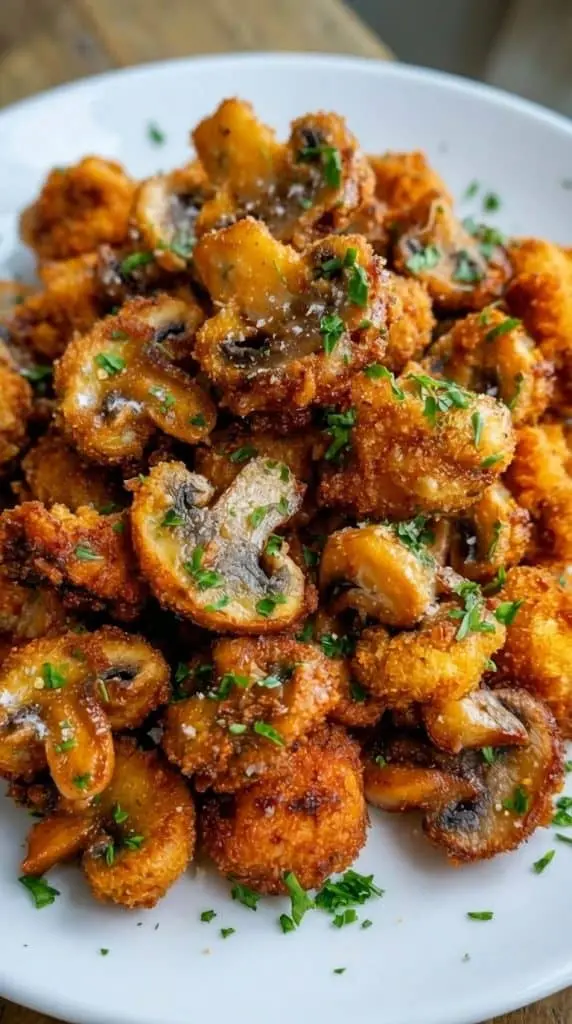 A basket of perfectly crispy fried mushrooms served with a side of creamy garlic dipping sauce.