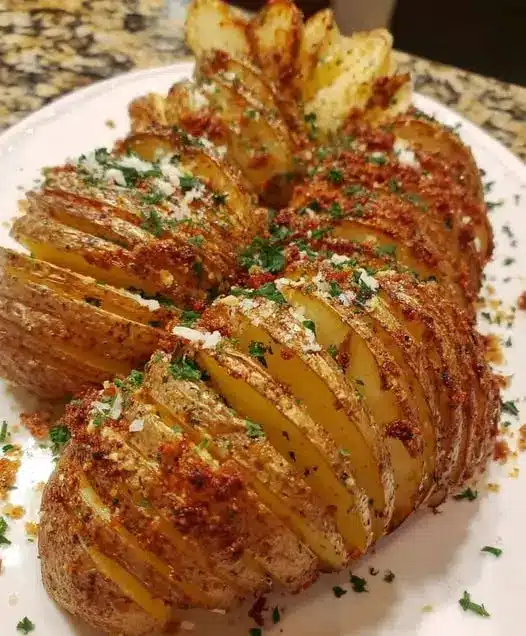 Golden brown crispy hasselback potatoes garnished with fresh herbs on a serving platter