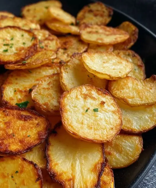 A finished plate of crispy pan-fried potatoes garnished with fresh parsley.