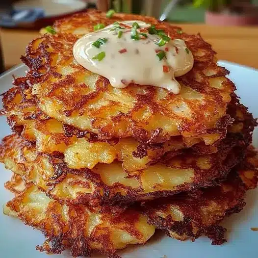Stack of crispy potato pancakes served with sour cream and chives