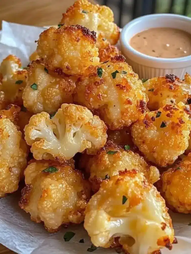 Golden brown crispy roasted cauliflower served in a white bowl with lemon wedges