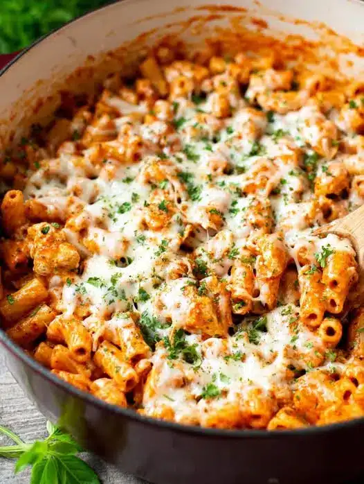 The finished baked ziti in a white ceramic dish, golden brown and bubbly.