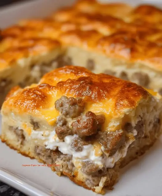 A slice of sausage breakfast casserole served on a white plate with a side of fruit.