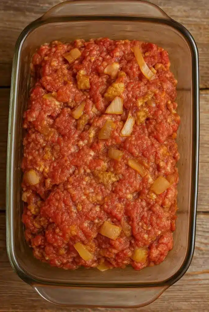 A slice of meatloaf showing a molten cheese center and a thick red glaze