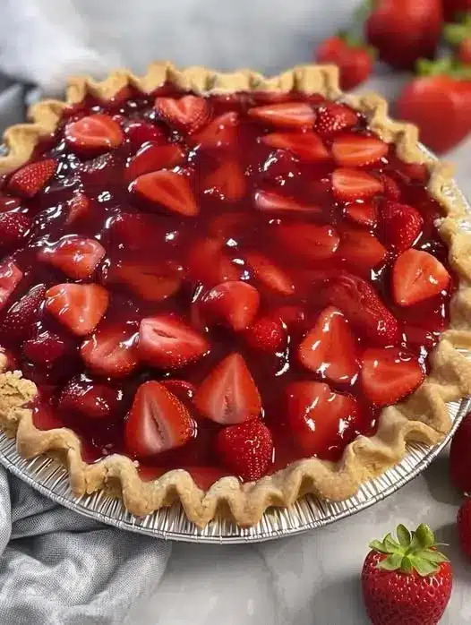 A slice of fresh strawberry pie on a white plate with a dollop of whipped cream