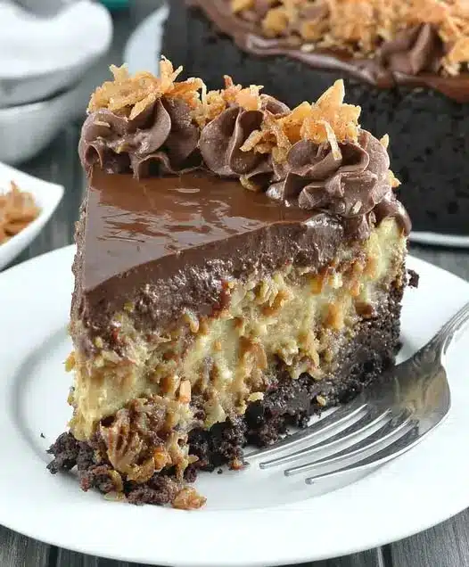 A whole German chocolate cheesecake on a cake stand, decorated with chocolate curls and a thick layer of coconut frosting.