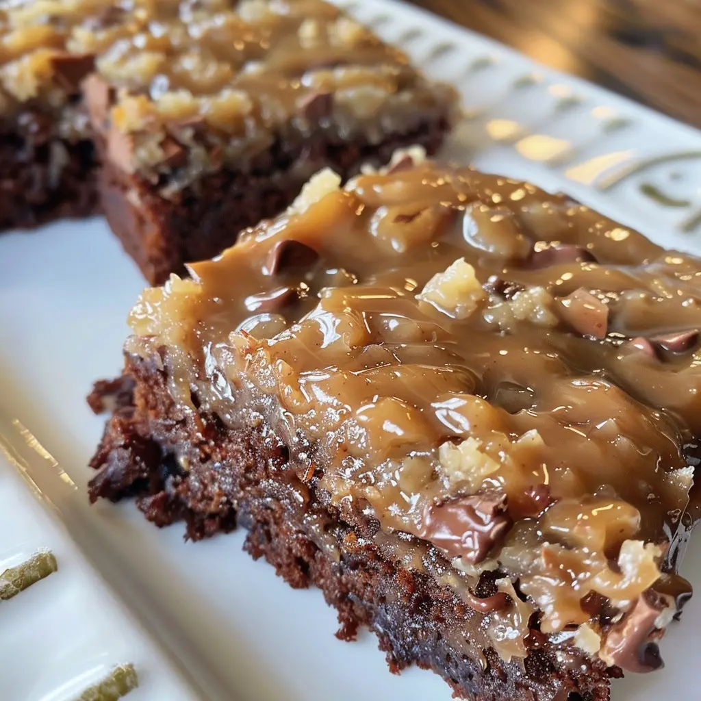 The finished German chocolate sheet cake in the pan with a thick layer of frosting.