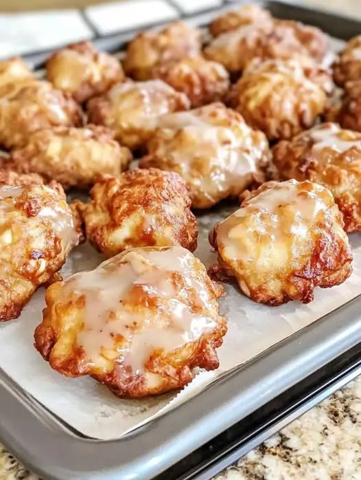 A stack of glazed apple fritters on a wire cooling rack
