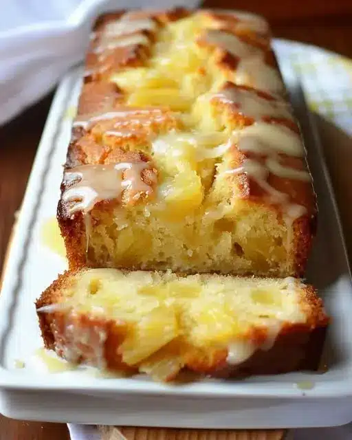 A sliced glazed lemon loaf on a white plate showing the moist internal crumb