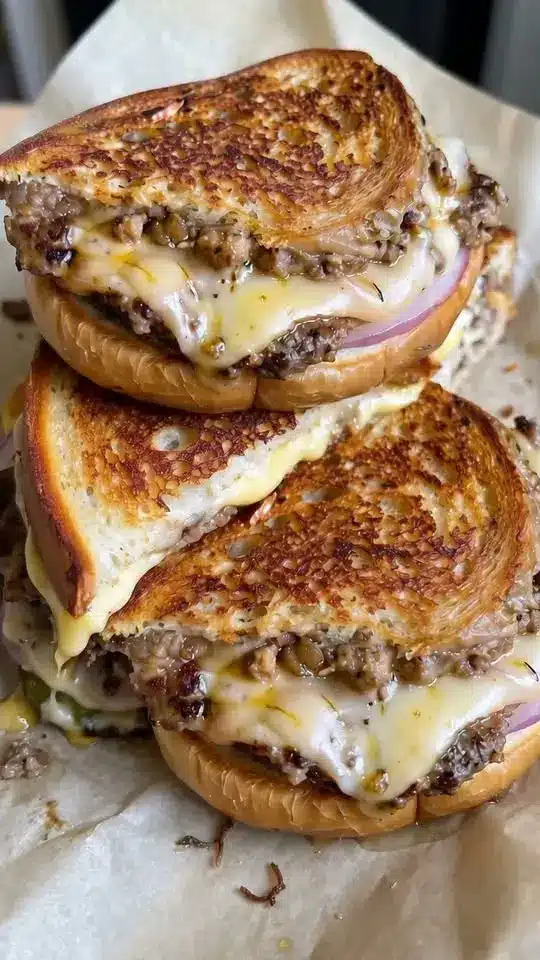 Two halves of a grilled cheese sandwich stacked to show the gooey cheese center