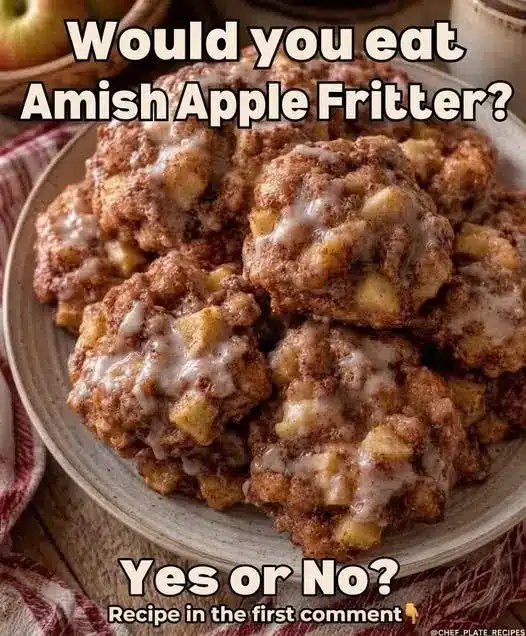 A plate of golden brown glazed apple fritters stacked high