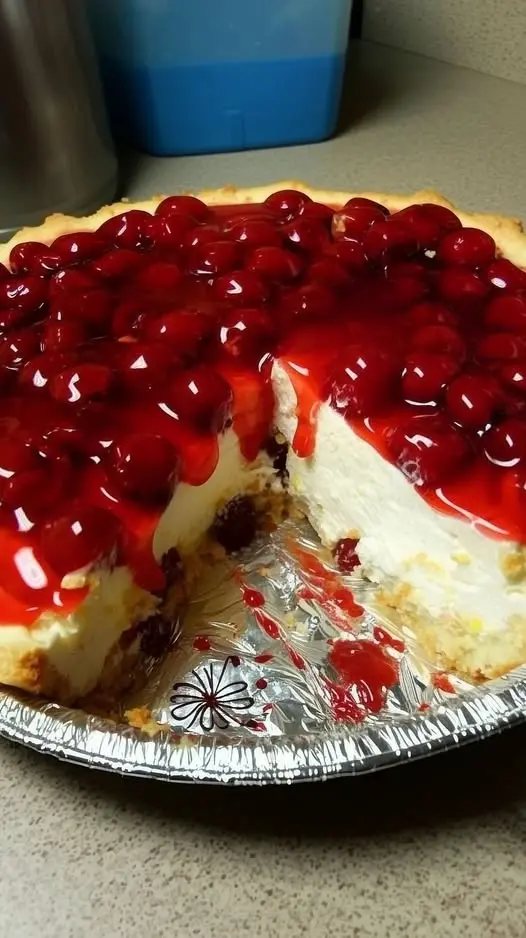 A whole cherry cheesecake on a white serving platter with a glossy cherry topping dripping down the sides