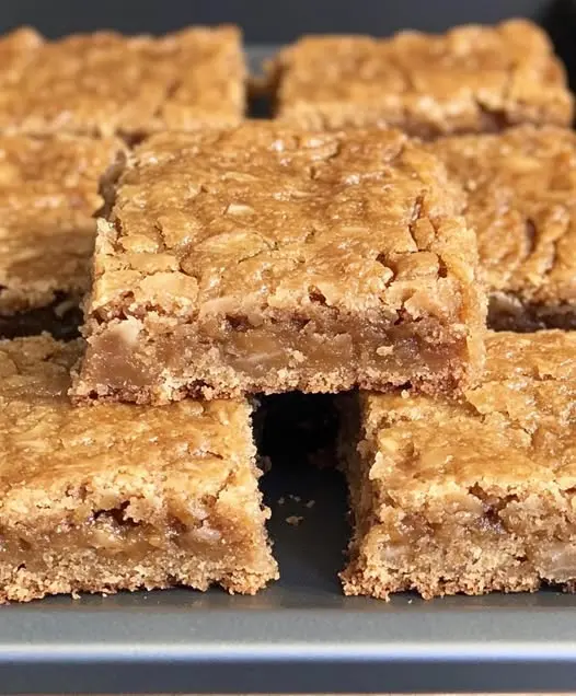 Sliced chewy blondies stacked on a plate showing the fudgy interior