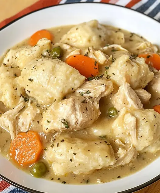 A bowl of chicken and dumplings garnished with fresh parsley and black pepper