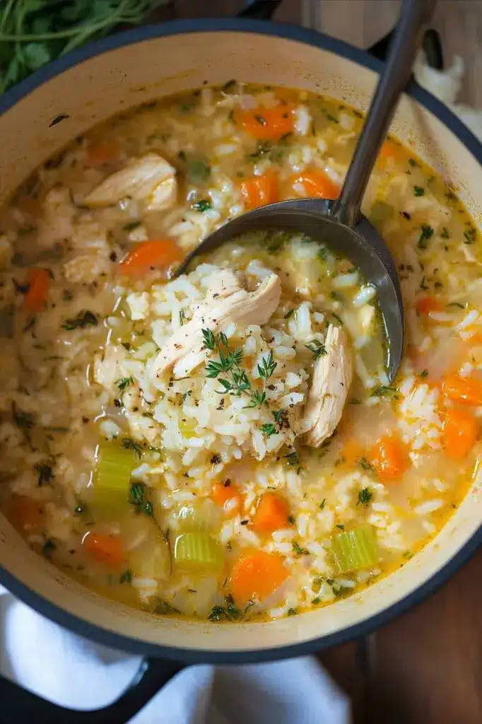 A bowl of chicken rice soup served with fresh parsley and crusty bread