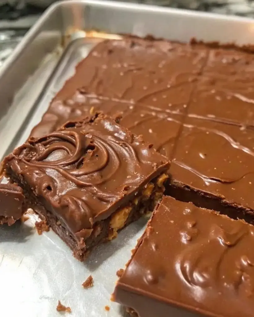 sliced squares of chocolate fudge arranged on a wooden serving board