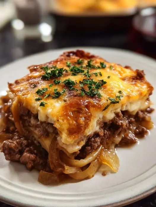 A whole baked lasagna in a ceramic dish with golden brown melted cheese on top