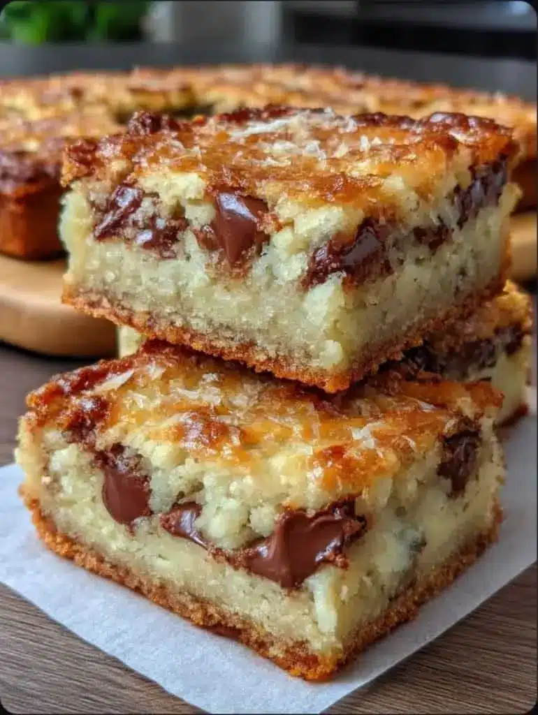 Stacked homemade congo bars showing the chewy interior and chocolate chips.