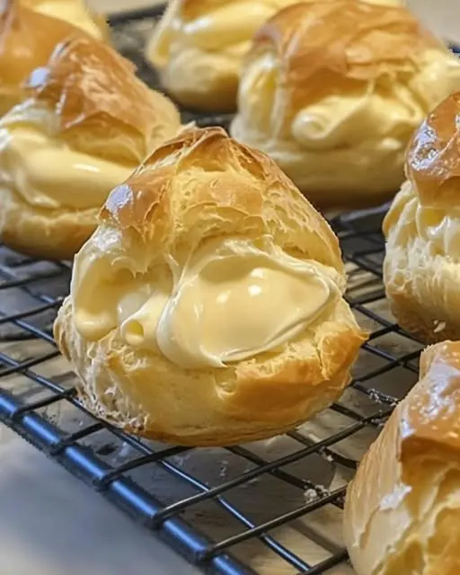 A platter of finished homemade cream puffs dusted with powdered sugar