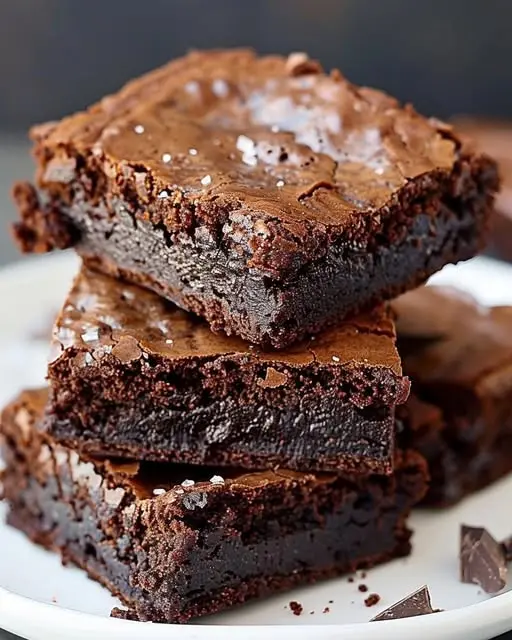 A stack of sliced fudgy brownies on a cooling rack showing the soft interior