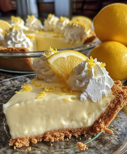 A whole lemon cream pie garnished with whipped cream swirls and lemon zest on a white plate.