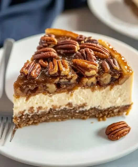 A slice of pecan cheesecake showing the creamy interior and the crunchy nut topping