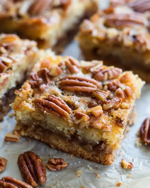 Multiple pecan pie bars stacked on a white plate, highlighting the golden brown nuts and flaky base.
