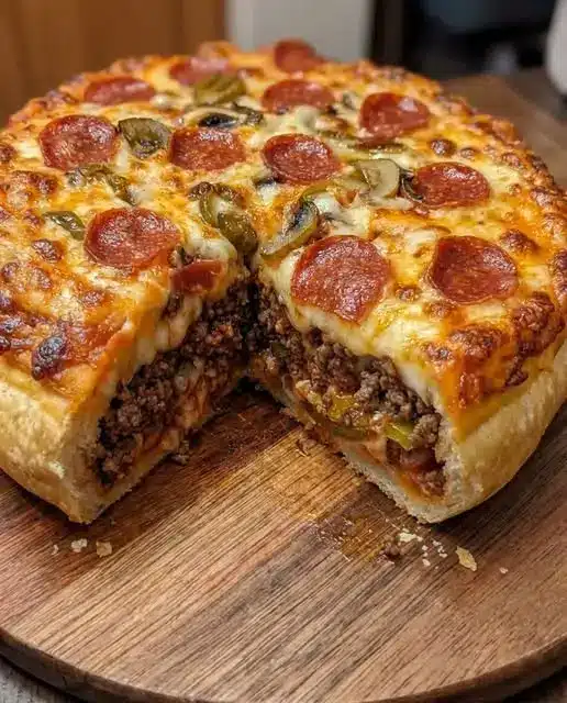 A finished pepperoni pizza with bubbly cheese and curled pepperoni slices on a wooden serving board.