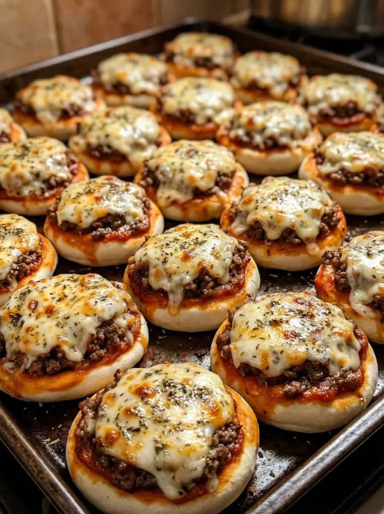 Two pizza burgers served on a wooden board with a side of crispy fries