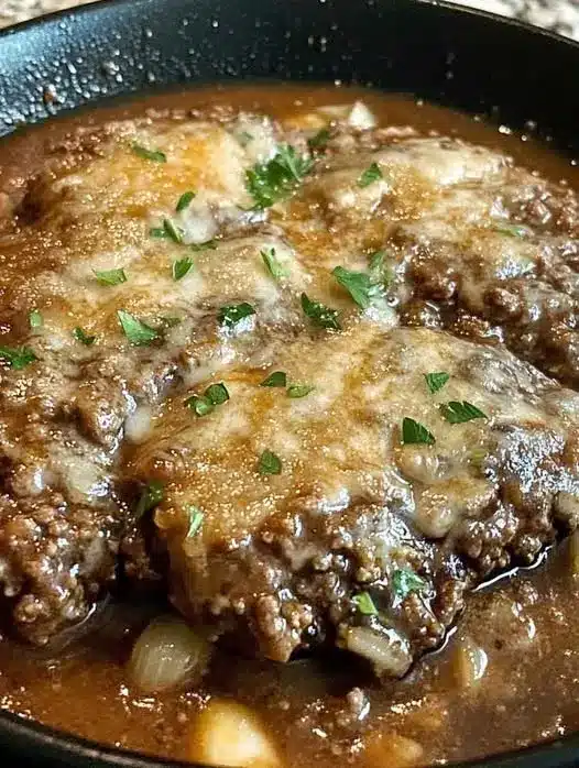 Close up of a Salisbury steak patty cut open to show the juicy interior with gravy