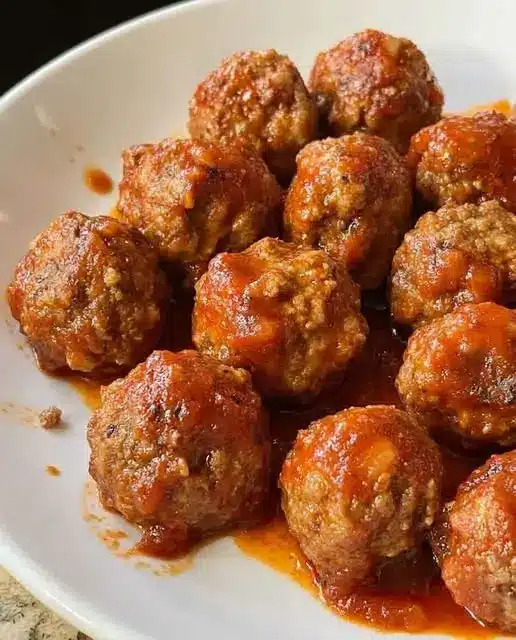 A bowl of spaghetti topped with large, saucy meatballs and a generous dusting of parmesan cheese.