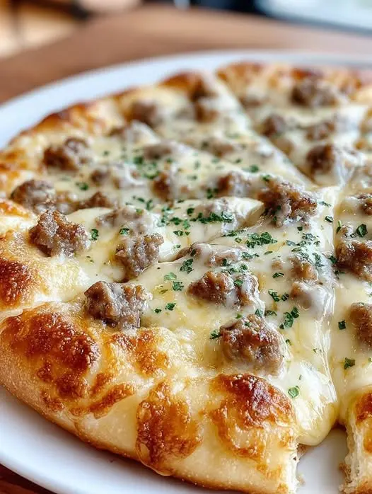 Slices of sausage pizza being served with a side of red pepper flakes and parmesan cheese