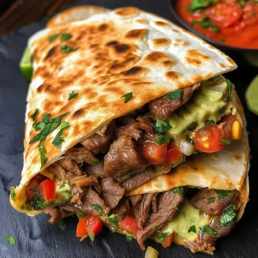 Sliced steak quesadillas served with small bowls of salsa and sour cream