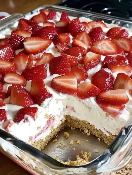 A slice of strawberry cheesecake on a plate with fresh mint and extra sauce