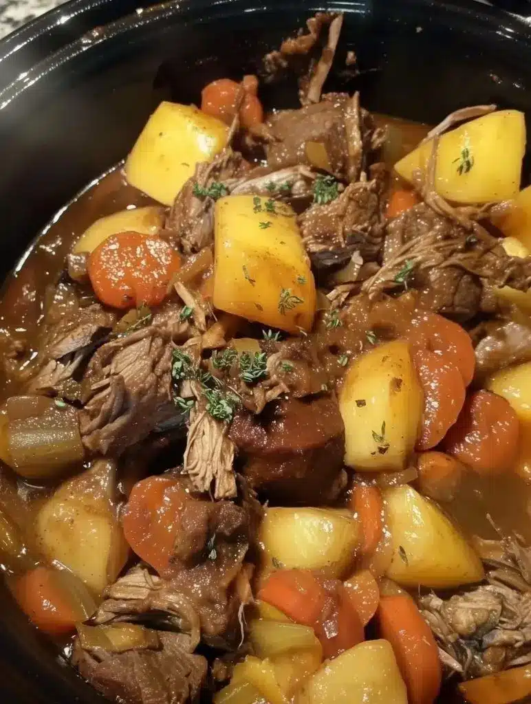 Sliced pot roast on a platter drizzled with thick gravy and surrounded by carrots