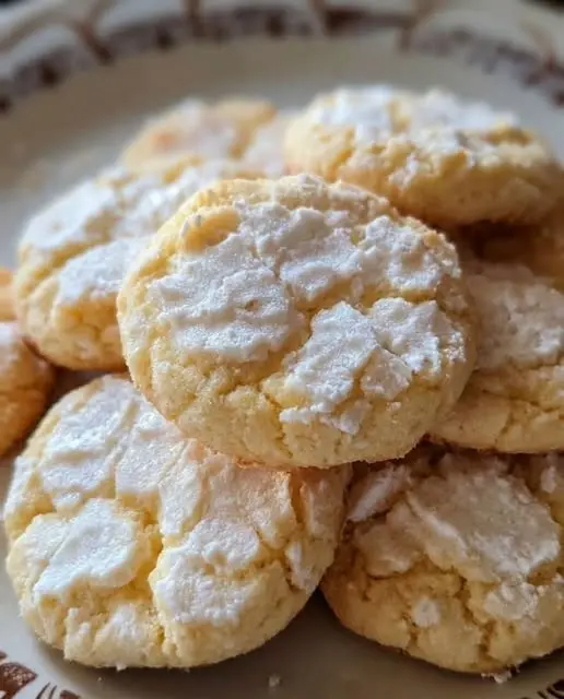 Freshly baked lemon crinkle cookies with white powdered sugar coating and deep cracks