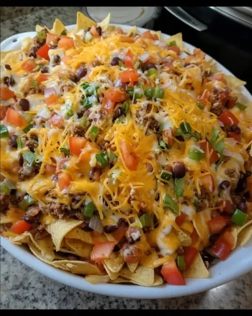 A close-up view of beef nachos with melted cheese and fresh cilantro garnishes