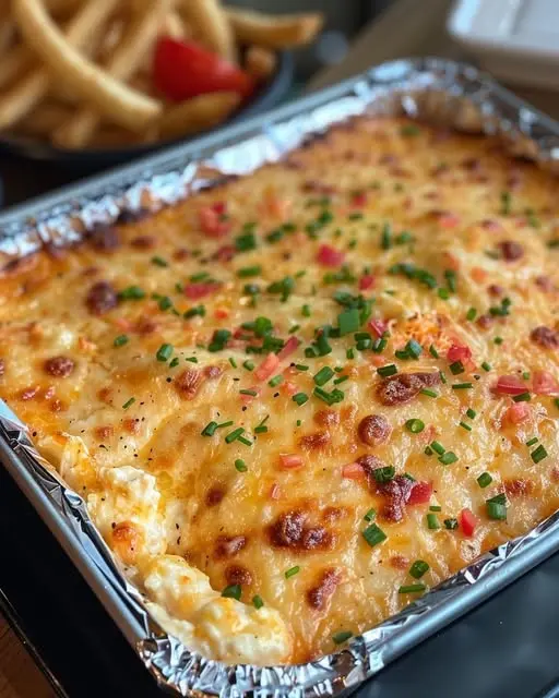 A close-up scoop of cheesy loaded hash brown casserole showing the melted cheese and bacon bits